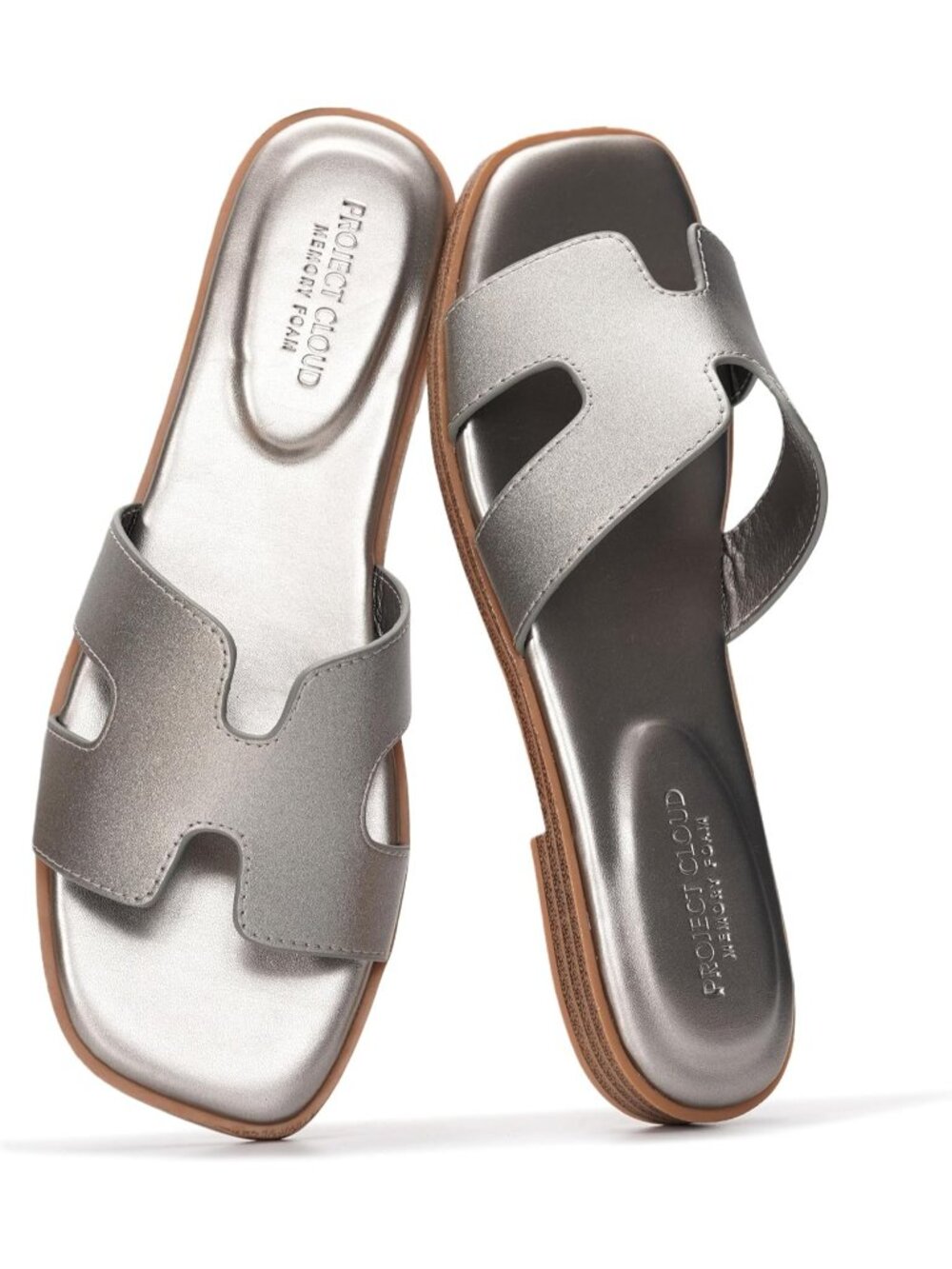 Women's Pewter Genuine Leather Sandals Flat Slides Mules Memory Foam Footwear
